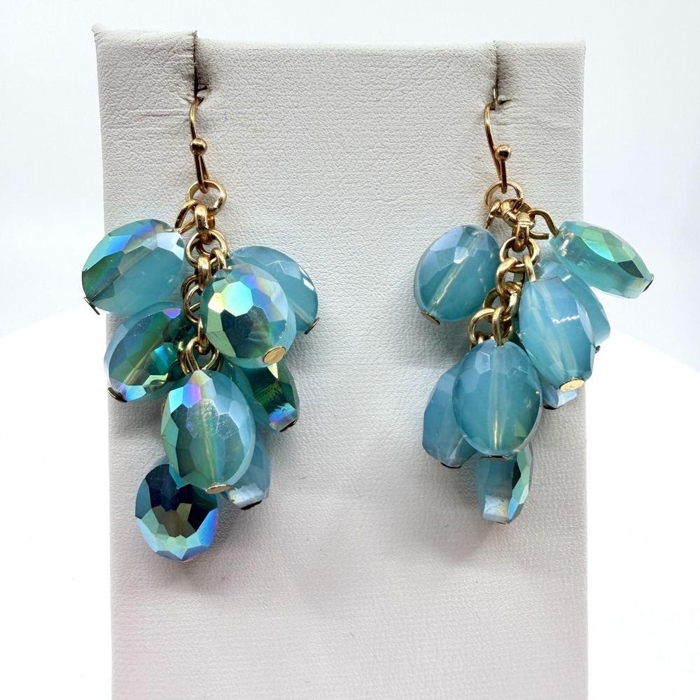 Vintage Y2K Blue Aurora Borealis Crystal Dangle Earrings Gold Tone